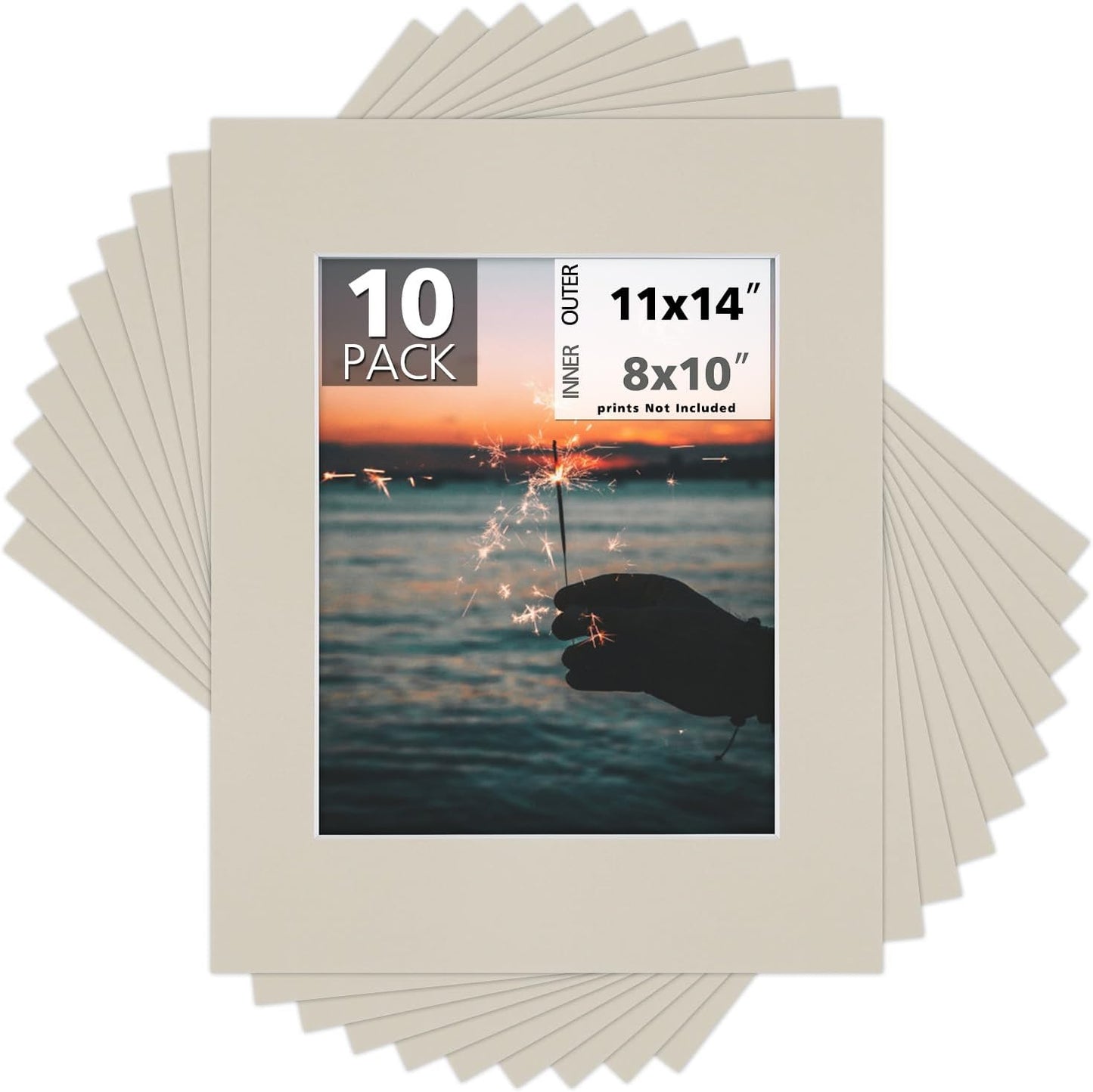Mat Board Center, Pack of 10, 11x14 Mats for 8x10 Photos Light Gray Color - Bevel Cut, Acid Free, 4-ply Thickness, White Core - for Pictures, Photos, Framing