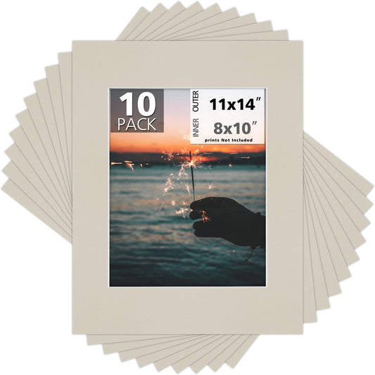 Mat Board Center, Pack of 10, 11x14 Mats for 8x10 Photos Light Gray Color - Bevel Cut, Acid Free, 4-ply Thickness, White Core - for Pictures, Photos, Framing