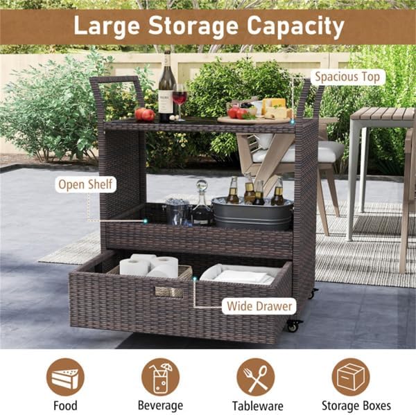 Outdoor Wicker Bar Cart with Drawer, PE Rattan Serving Trolley with Glass Top & Wheels, Mobile Beverage Station for Patio Garden Backyard Poolside, Brown