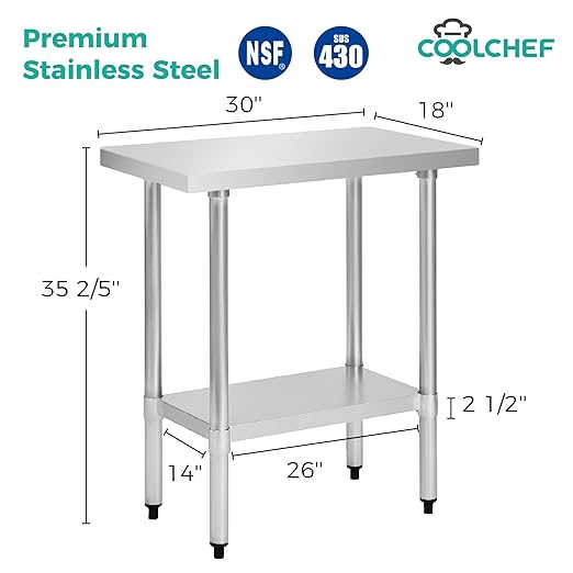 Stainless Steel Work Table 18 x 30 Inch, NSF Commercial Prep Table with Undershelf, Heavy Duty Food Prep Workstation