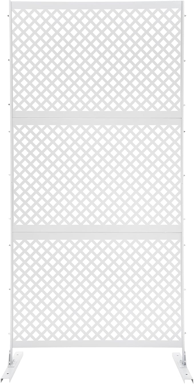Outdoor Metal Privacy Screen with Stand, 35.4" W x 75" H Freestanding Metal Slatted Decorative Privacy Screen and Panels for Patio Garden Balcony Porch (White Grill)