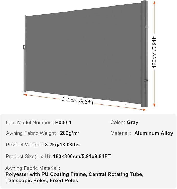 VEVOR Retractable Side Awning, UV 50 71''x118'' Full Aluminum Rust-Proof Outdoor Privacy Screen, 280 g Thicken Folding Room Divider Fence & Wind Screen for Backyard, Balcony, Roof Terraces, Grey