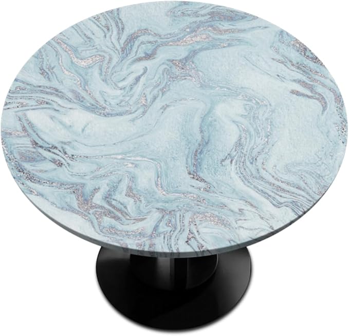 Blue Silver Marble Pattern Round Table Cloth Cover, Elastic Edge Waterproof Wipeable Tablecloths 36"-42" Polyester Tablecloth for Party Restaurant Banquet Holiday Camping Outdoor Picnic