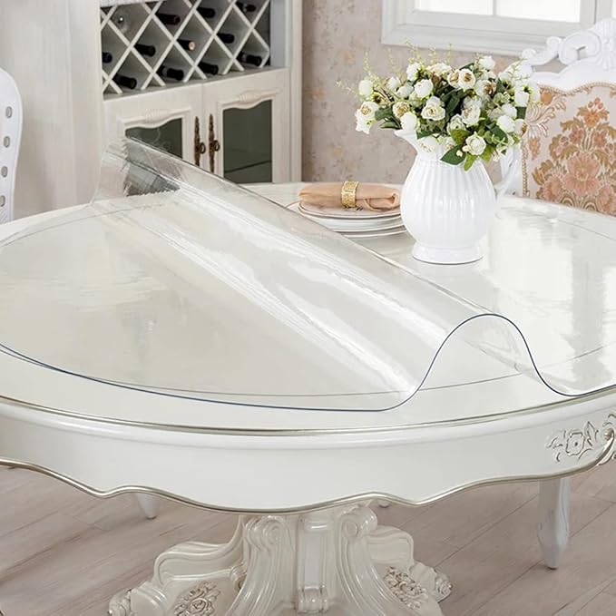 RostiKong 54 Inch Round Table Protector Heavy Duty Clear PVC Tablecloth Cover Circle Vinyl Table Top Plastic Desk Pad Mat Protector Heat Resistant Marble Night Stand Sofa Coffee End Side Dining Table
