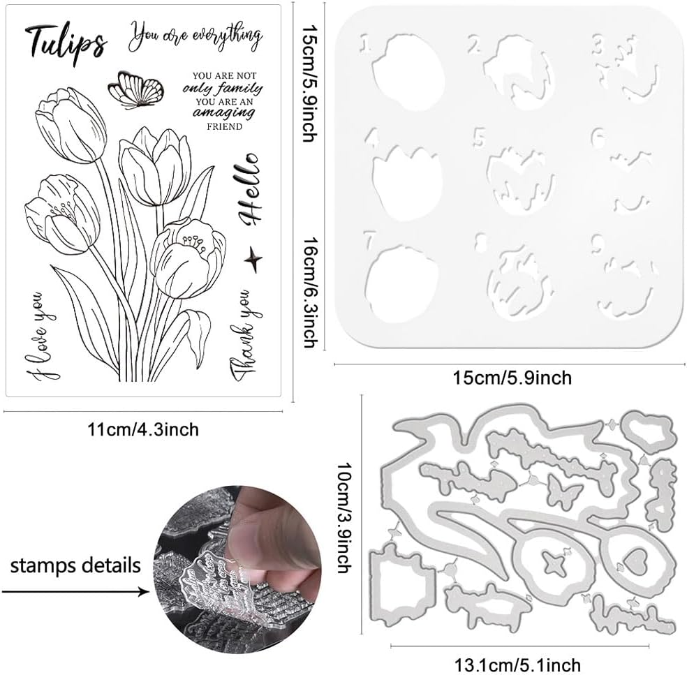 ORIGACH Tulip Layering Stencil Stamp and Die Set for Card Making, Flower Stencil Template Silicone Clear Stamps and Metal Die Sets for DIY Scrapbooking Photo Album Crafting