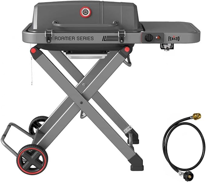 Portable Propane Gas Grill with Folding Cart & 13000 BTUs Burner, 360 Sq. In. Cast Iron Cooking Grates, Side Table, 8" Wheels, Stainless Grease Tray, Grey. Includes Propane Adapter Hose