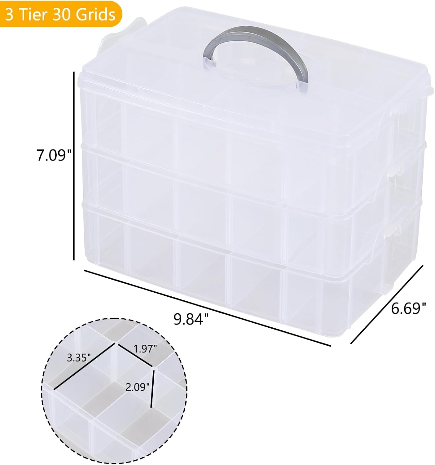 Zopnny 3-Tier Stackable Storage Container with Dividers, Clear Plastic Compartment Organizer Box for Art Crafts, Jewelry, Earrings, Sewing Supplies, Tool, 30 Grids