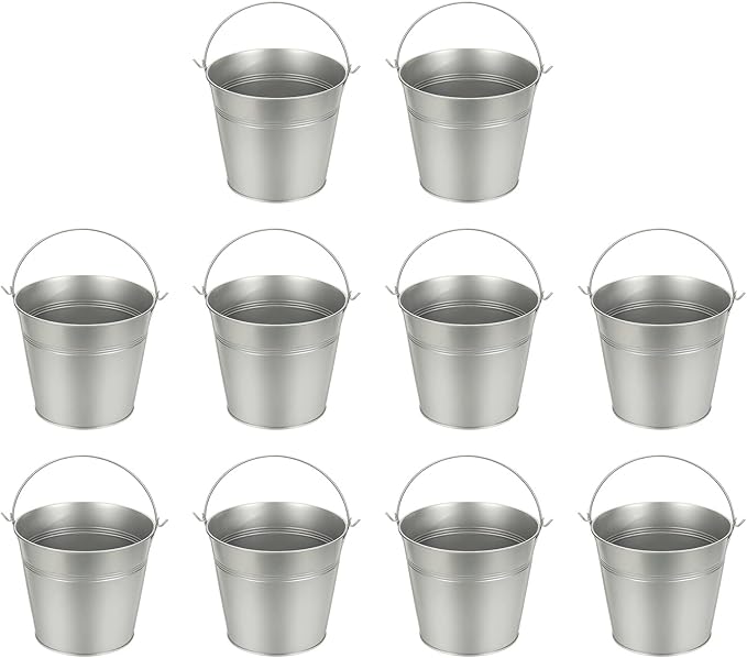Small Metal Buckets, Mini Buckets with Handle Galvanized Colored Tin Pail Containers Basket Party Supplies - Fit for (Halloween - Classroom Crafts) 5" & 10Pcs & Silver