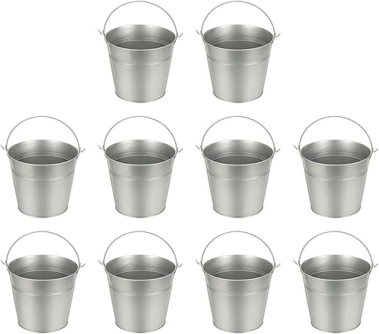 Small Metal Buckets, Mini Buckets with Handle Galvanized Colored Tin Pail Containers Basket Party Supplies - Fit for (Halloween - Classroom Crafts) 6" & 10Pcs & Silver