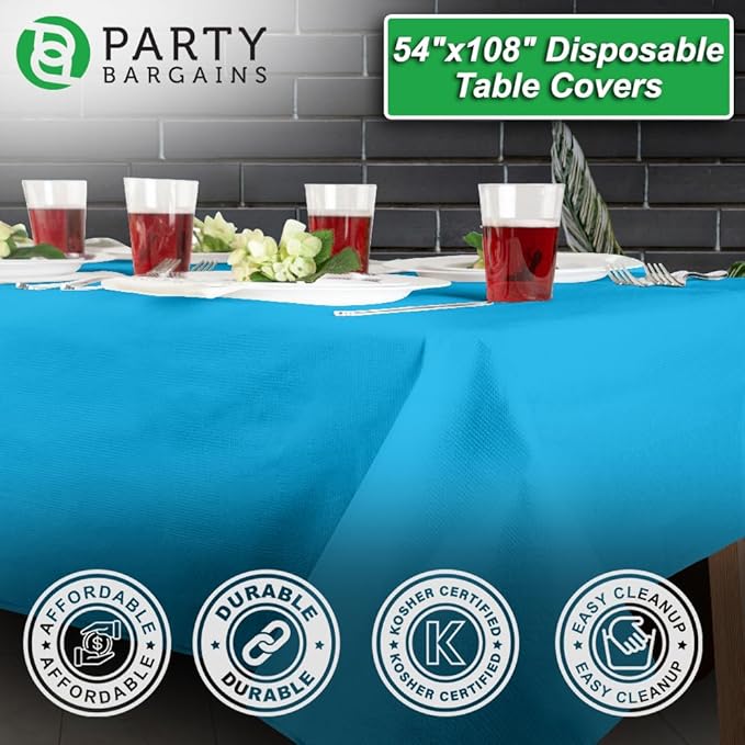 PARTY BARGAINS 5 Disposable Table Covers - 54" X 108" Blue Table Cover, 3 Ply Paper & Plastic Tablecloth