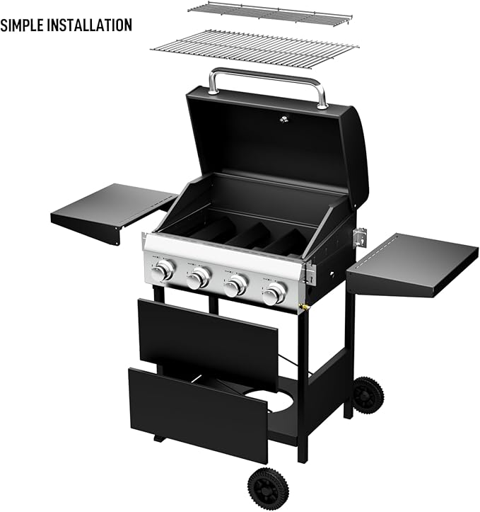 ROVSUN 4-Burner Propane Gas BBQ Grill with Foldable Side Tables & Enameled Cast Iron Grates, 40,000 BTU Barbecue Grill with Portable Wheels for Outdoor Patio Backyard Cooking Grilling, Black