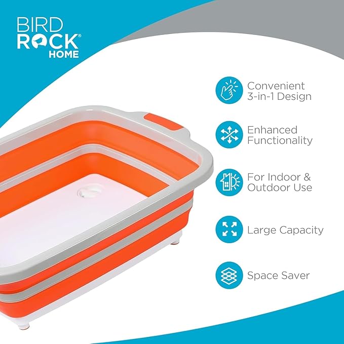 BIRDROCK HOME 2-pack Collapsible BBQ Prep Tub w/Cutting Board, Multi-Function Grill Caddy w/Colander & Lid, Portable Silicone Dish Bowl for Picnic, Tailgate, Camping (Orange, Large)