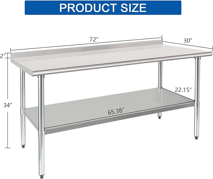 HARDURA Stainless Steel Prep & Work Table 30 x 72 Inches NSF Heavy Duty Commercial with Undershelf and Backsplash, Galvanized Legs for Commercial Food Prep