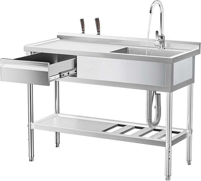 WOEDEN 47" 304 Stainless Steel Sink, Free-Standing Commercial Sink with Workbench, Drawer Storage & Hot/Cold Water Pipes for Laundry, Farmhouse & Outdoor Use