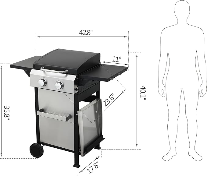 2-Burner Gas Grill, 24600 BTU Portable BBQ with Foldable Side Table & 6" Wheels, Dual-Function Cooking with Baking Rack & Flat Griddle for Outdoor, Patio, Camping & Tailgating