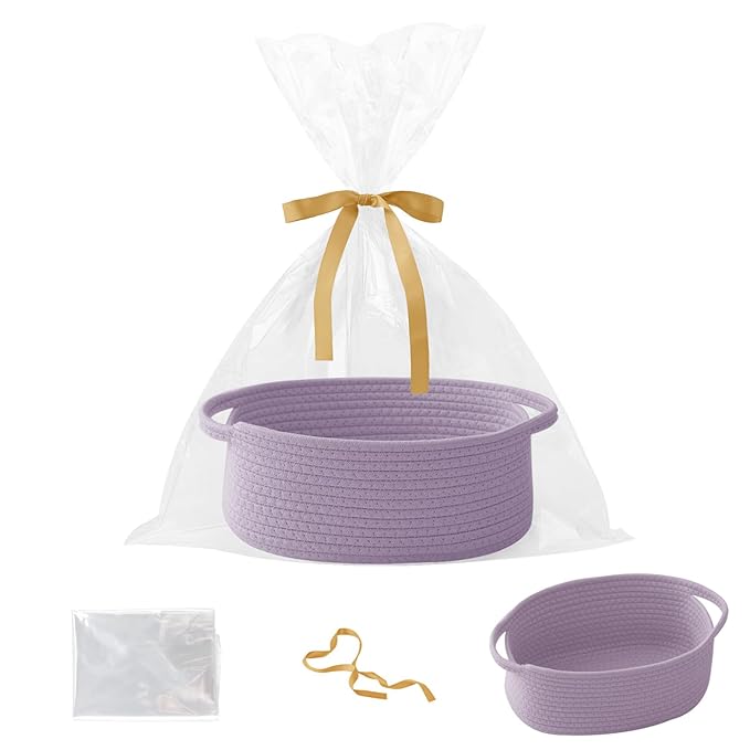 Gift Basket with Gift Bag and Ribbons,Small Rope Woven Shelf Storage,Baskets for Gifts Empty,Birthday,Baby Shower,Decorative Organizer Box with Handles(Purple)
