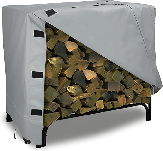 Eevelle Patio Log Rack Cover Made with Marinex Marine Grade Fabric - Waterproof - Durable Firewood Storage Large Log Rack Covers - Weather Protection - (42" H x 48" L x 24" D, Silver)
