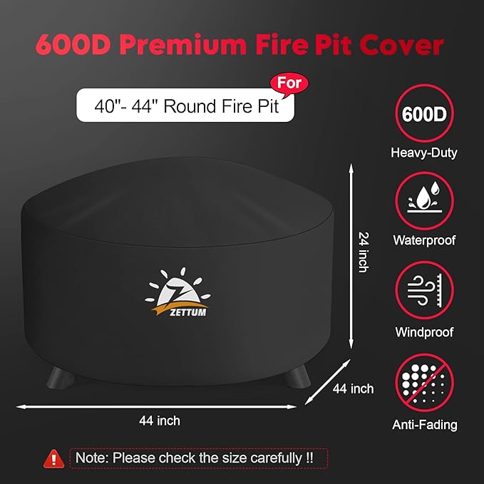 Zettum Fire Pit Cover Round 44 Inch - Outdoor Firepit Cover Heavy Duty & Waterproof, 600D Patio Fire Table Cover Gas Fire Pit Accessories Fade & Weather Resistant - 44 x 44 x 24 Inch