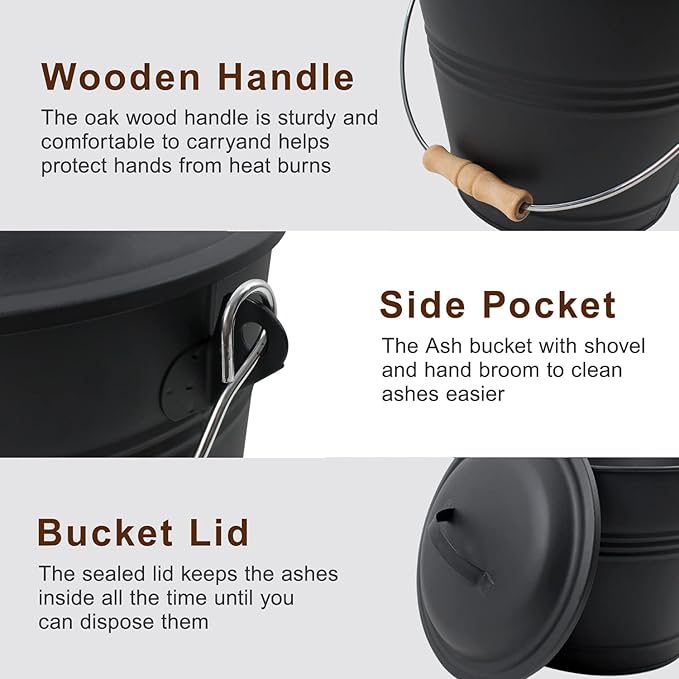 Poofzy Ash Bucket with Lid, Small Fireplace Ash Bucket with Lid and Shovel, 1.3 Gallon Metal Bucket for Fireplace with Hand Broom and Gloves, Fireplace Bucket for Ashes for Wood Stove and Fire Pit
