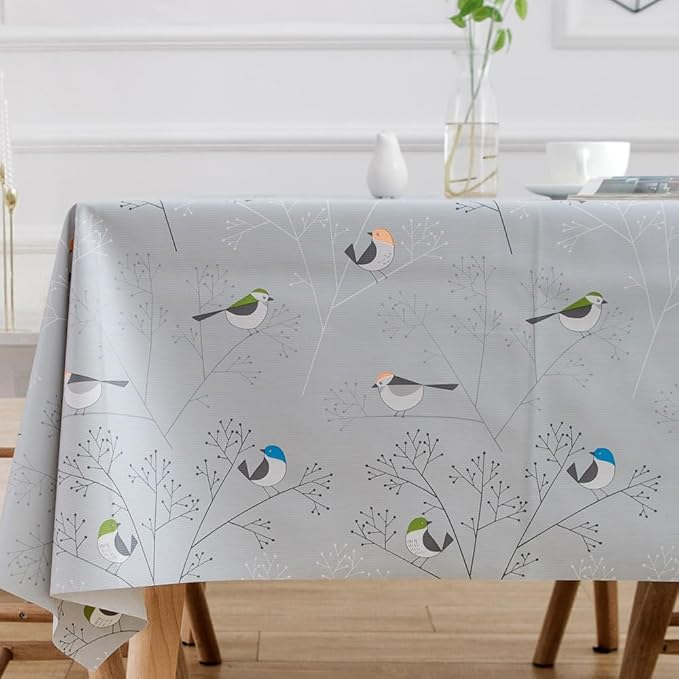 TruDelve Heavy Duty Vinyl Tablecloth with Flannel Backing Plastic Tablecloths for Rectangle Tables Outdoor Table Cover Waterproof (108'' x 54'', Birds-1)