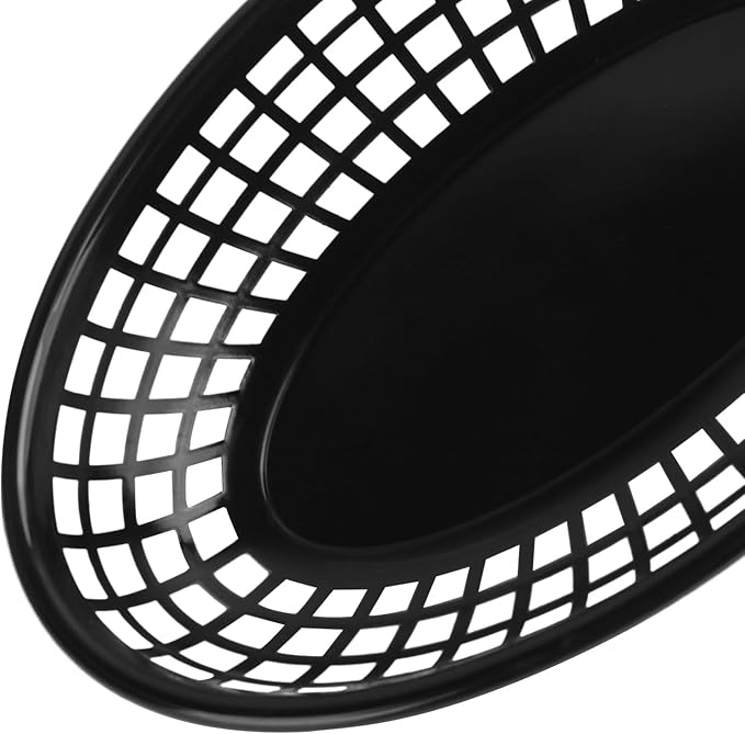 90 Pcs 9 x 5.7 Inch Reusable Oval Fast Food Baskets, Sturdy Plastic Serving Baskets for Fast Food, Parties, Picnics, BBQs and Snacks, by KUKLIPJIM.(Black)