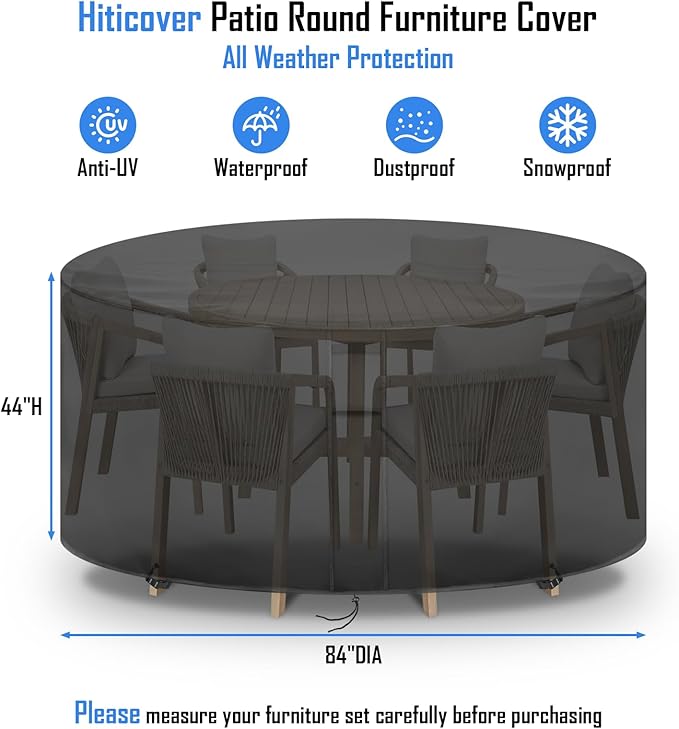 Round Patio Furniture Covers Waterproof, 84 Inch High Outdoor Round Table Cover, Tall Bar Height Outside Table and Chairs Set Covers for Winter, Rainproof Fadeproof - 84" Dia x 44" H
