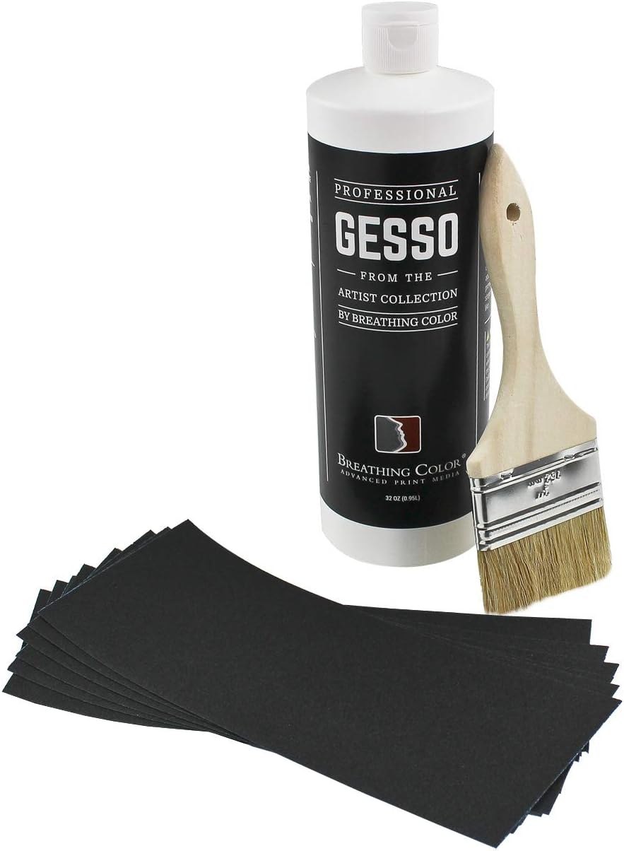 White Gesso Canvas Primer Bundle 32 oz. with Application Brush and Sandpaper. Keep Paint from Absorbing! Whether Acrylics, Oils, Watercolors or Pastels, Make Every Painting Look its Absolute Best