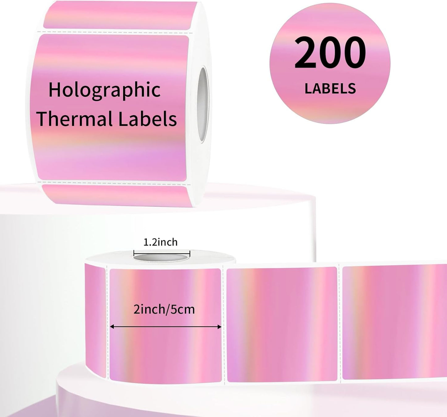 Square Thermal Labels Stickers 2" x 2", Holographic Pink Thermal Stickers Labels, Glitter Self-Adhesive Direct Thermal Label for Small Business- Perforation Line Design