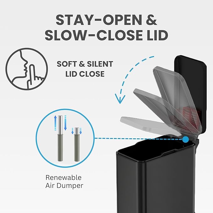 iTouchless SoftStep 3 Gallon (11.4L) Slim Bathroom Trash Can with Lid, Matte Black Stainless Steel Fingerprint-Proof, Silent Soft-Close Pedal, AbsorbX Odor Filter, Removable Bucket Dorm Bedroom Office