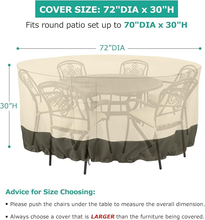 SunPatio Waterproof Outdoor Furniture Covers for Table Chairs Set, UV Resistant Anti-Fading Patio Table Cover, Beige and Olive, Round 72" Dia