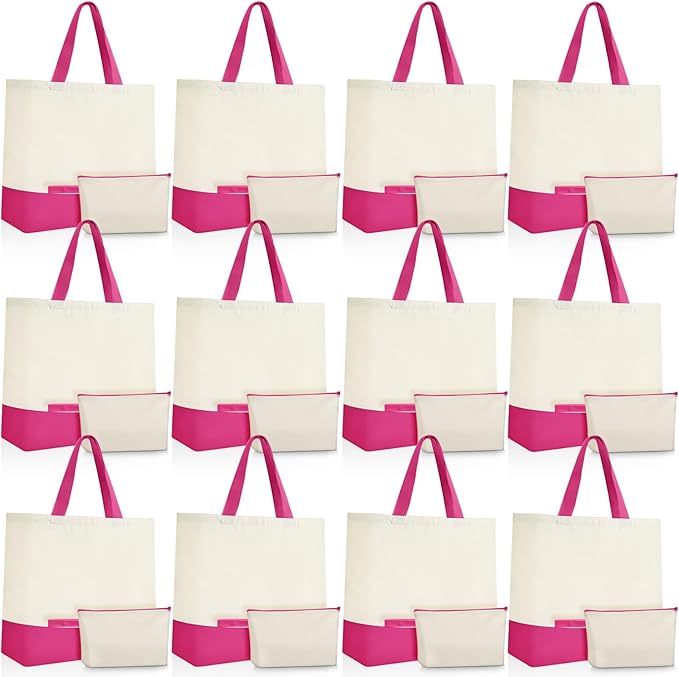 Sanwuta 24 Pcs Canvas Tote Bags Bulk with Zipper Cosmetic Bags 18.5" Cotton Canvas Bag with Handles Reusable Shopping Bags