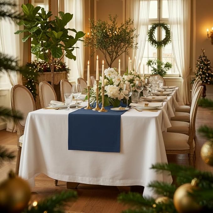 D'Moksha Homes Linen Navy Blue Table Runner 84 Inches Long - 100% Pure Linen 14 x 84 Inch Table Runner for Dining, Winter, Holiday - Machine Washable