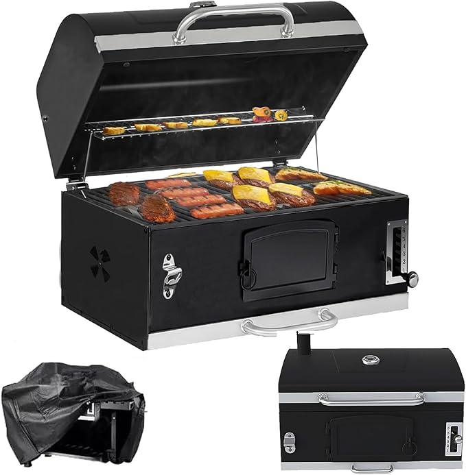 Large Built-in Barbecue Grills, Charcoal BBQ Grills with Liftable Tray, Insulated Hood & Temp Gauge, Black Stainless Steel Charcoal BBQ Barrel Grill for Outdoor Kitchen Camping Park Style