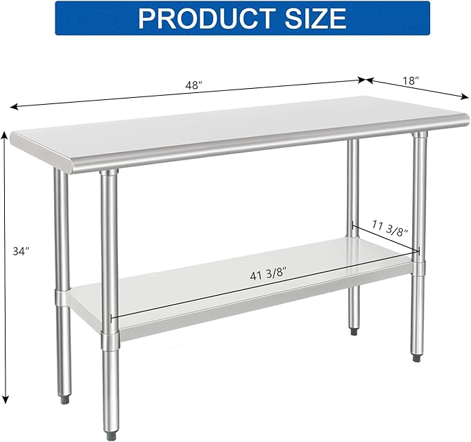 HARDURA Stainless Steel Work Table Commercial 18×48 Inches Kitchen Prep Table and Heavy Duty Commercial Workbench NSF 430 with Undershelf and Galvanized Legs