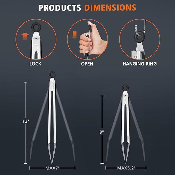 Hotec Stainless Steel Kitchen Tongs, Set of 2-9" and 12", Locking Metal Food Tongs for Cooking, Serving, BBQ, Grill Non-Slip Grip