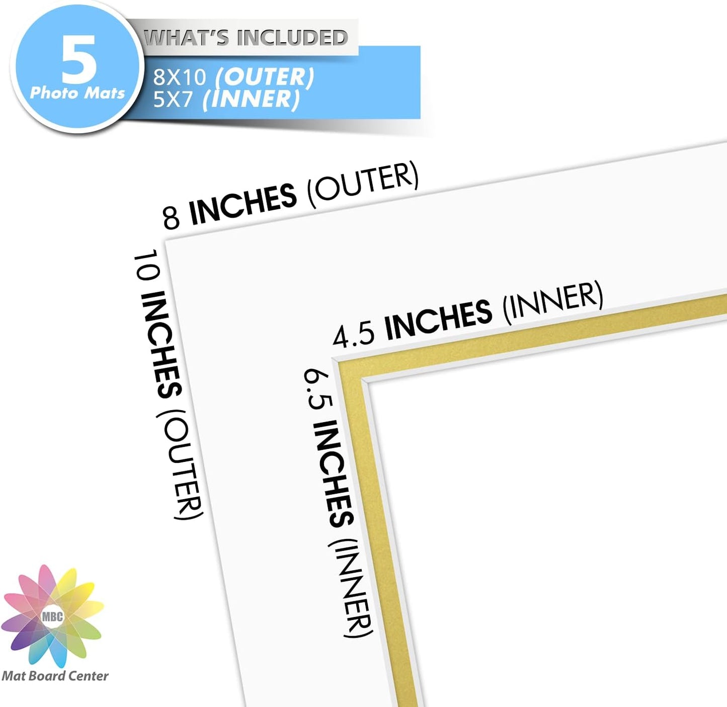Mat Board Center, Double Mat - Acid Free, 8-ply Thickness, White Core - for Pictures, Photos, Framing (Off White Over Gold, 8x10 for 5x7, Pack of 5)