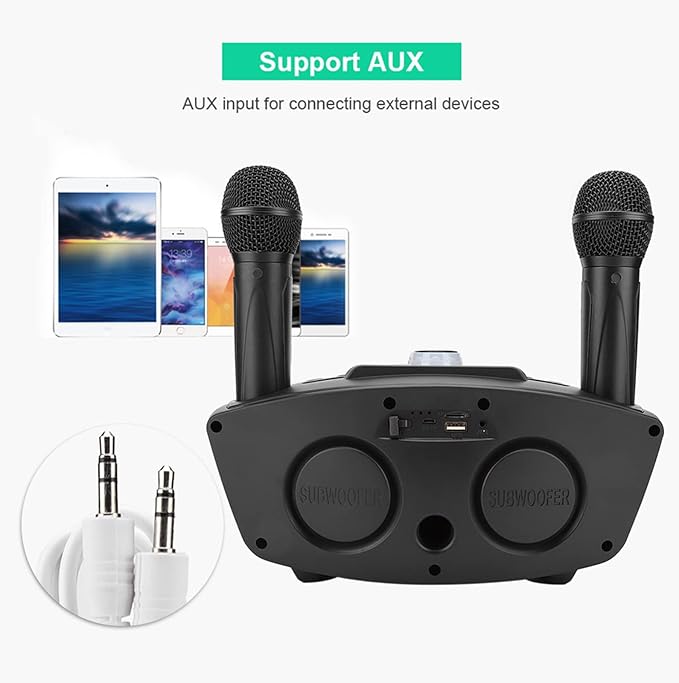 Speaker, KTV Karaoke Speaker with 2 Microphones for Home Party, 3000mAh Battery 10M Wireless Connection AUX Input USB Support (Black)