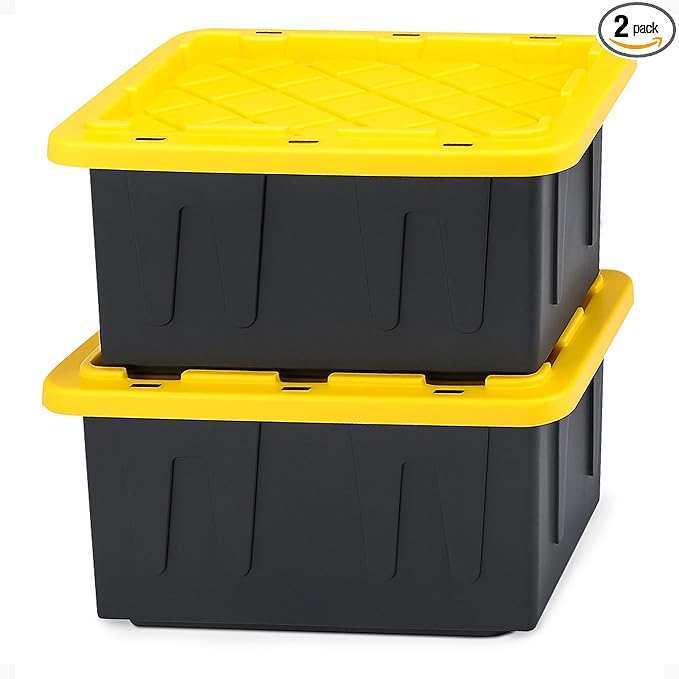 HOMZ 2-Pack Durabilt, Heavy Duty Plastic Storage Bins with Lids, 15 Gallon, Black/Yellow - Stackable Container Boxes for Home, Attic, and Garage Organization