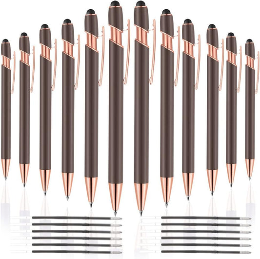 12 PCS 2 in 1 Stylus Ballpoint Pen with Stylus Tip, 1.0 mm Black Ink Metal Pen Stylus Pen for Touch Screens (Rose Gold & Gray)