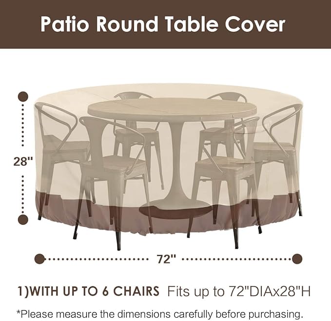 Vailge Round Patio Furniture Covers, 100% Waterproof Outdoor Table Chair Set Covers, Anti-Fading Cover for Outdoor Furniture Set, UV Resistant (Beige&brown, 72"DIAx28"H)