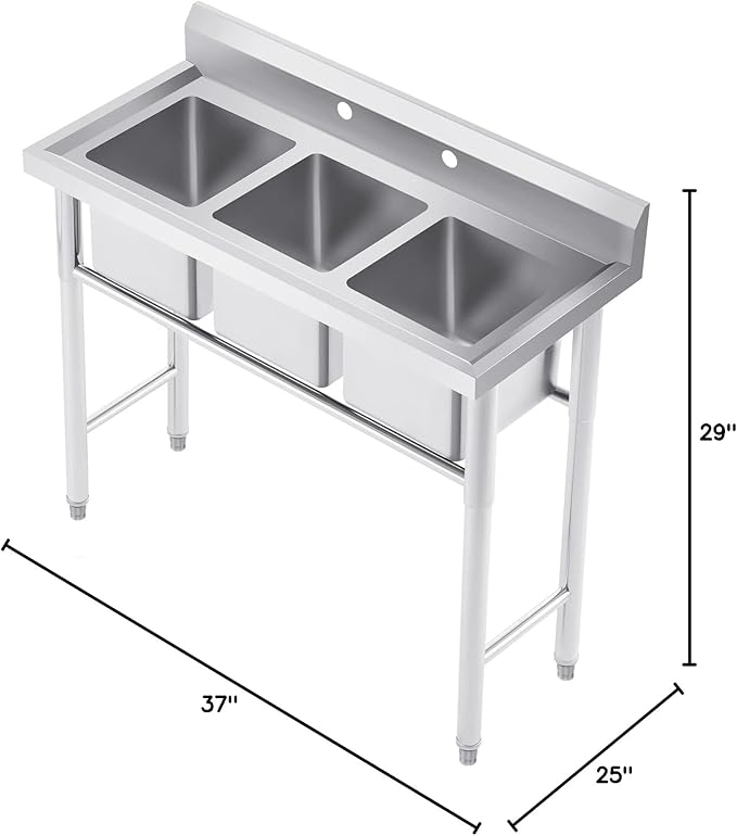 WILPREP NSF Stainless Steel 3 Compartment Commercial Sink 11x10x10 Inch Basins, Kitche Station Utility Sink for Restaurant Bar Home Laundry Room Garage