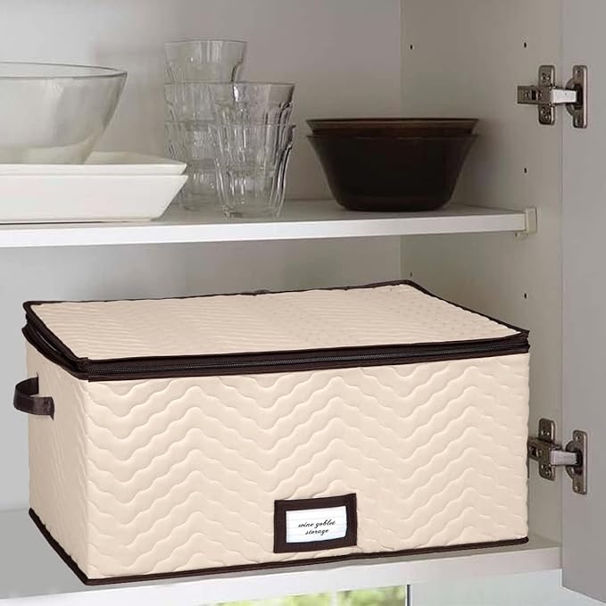 Wine Glass Storage Box with Dividers - Stemware Storage Case, Durable Quilted Microfiber Bin with Carry Handles, Protects Fine China - (1 Pack, Red Wine Glass)