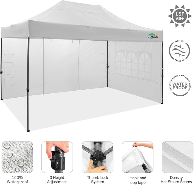 COBIZI 10x15 Pop up Canopy Tent 10x15 Canopy with 4 Sidewalls Waterproof Heavy Duty Commercial Canopy for Parties Outdoor Garden Gazebo Tent, Carry Bag(10x15ft, White)