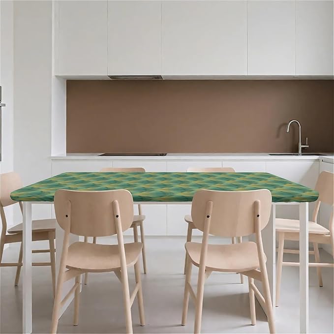Rectangle Table Cloth Cover Waterproof Elastic Fitted Polyester Fitted Tablecloths for 6 Foot Tables for Indoor,Picnic, Camping, Outdoor （72" x 30"，Green Sector Geometry）
