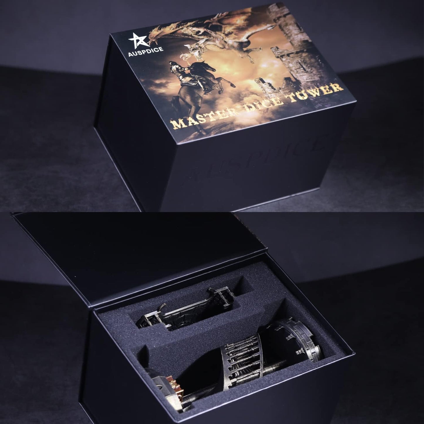 AUSPDICE DND Dice Tower Castle and Tray Retro Dice Rolling Tower for Dungeons and Dragons RPG Tabletop Games (Brushed Brass Color)