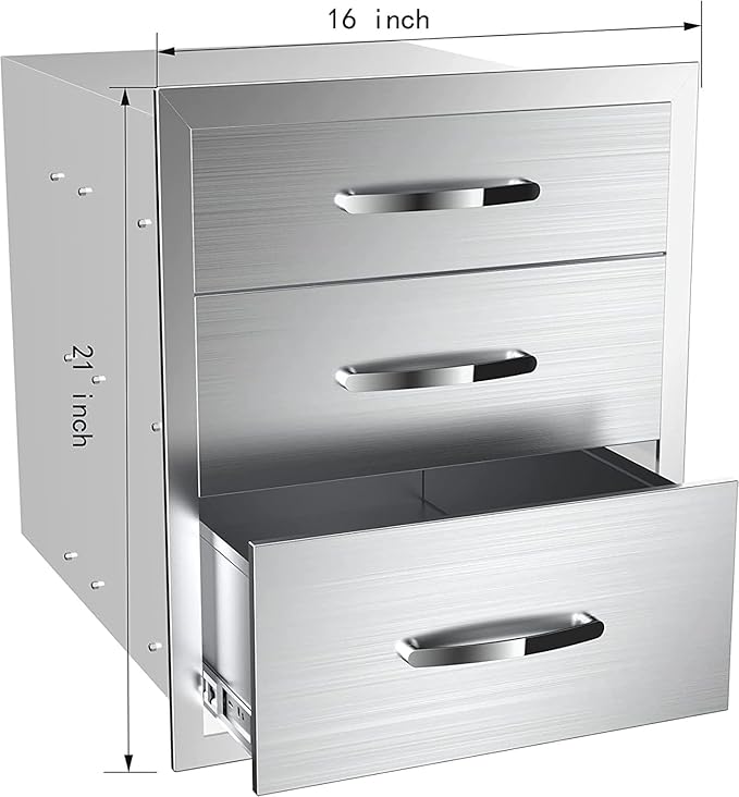 Pull Out Trash Drawer, Lower Sliding Rails Stainless Steel Roll Out Trash Bin Pull Out Tray With Handle For Outdoor Kitchen BBQ Island Grill Station,Three Drawers