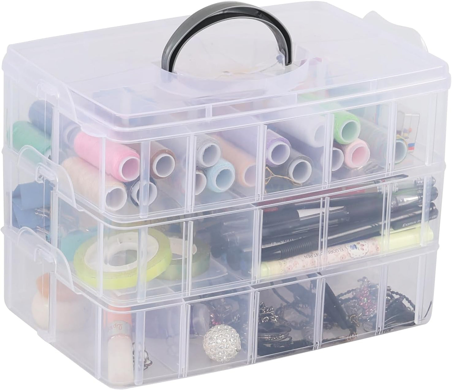 Zopnny 3-Tier Stackable Storage Container with Dividers, Clear Plastic Compartment Organizer Box for Art Crafts, Jewelry, Earrings, Sewing Supplies, Tool, 30 Grids