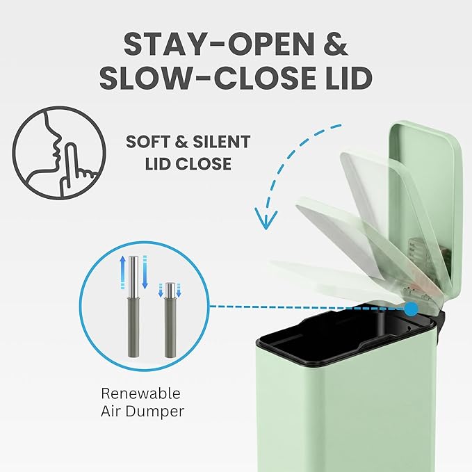 iTouchless SoftStep 3 Gallon (11.4L) Slim Bathroom Trash Can with Lid, Pastel Green Stainless Steel Fingerprint-Proof, Silent Soft-Close Pedal, AbsorbX Odor Filter Removable Bucket Dorm Bedroom Office