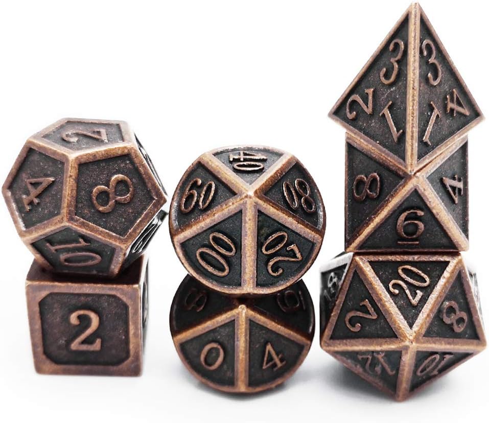 Haxtec Antique Copper Metal DND Dice Set 7 Die Polyhedral D&D Dice Compatible with Dungeons and Dragons Gift TTRPG