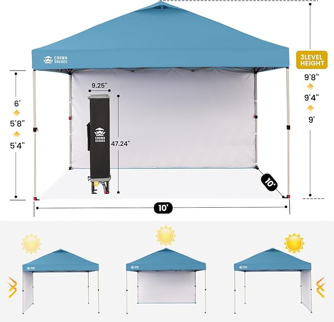 CROWN SHADES 10x10 Pop Up Canopy with 1 Side Wall - Beach Tent with One Push Setup - Outdoor Sun Shade for Events, Parties, Camping - Gazebo with STO-N-Go Cover Bag (Cyan Blue)